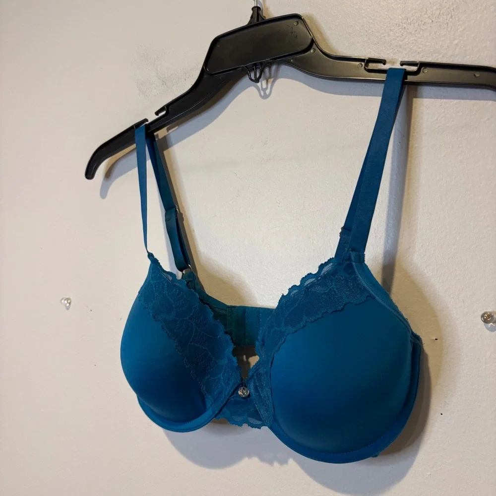Natori‎ Teal Lace Trim Balconette Bra 32D Underwire Padded Adjustable Straps